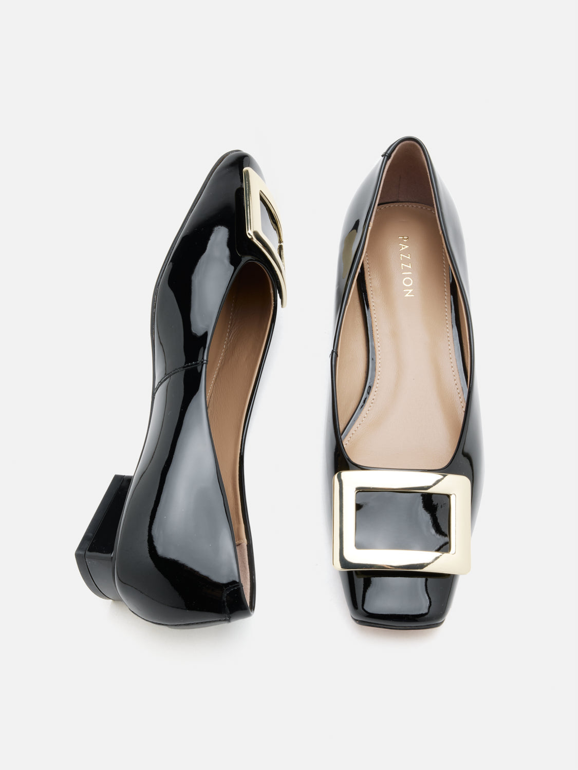 PAZZION, Marlie Buckle Patent Leather Low Heels, Black