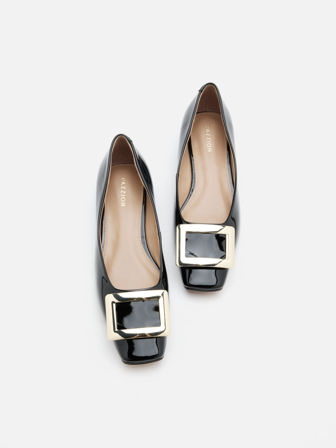 PAZZION, Marlie Buckle Patent Leather Low Heels, Black