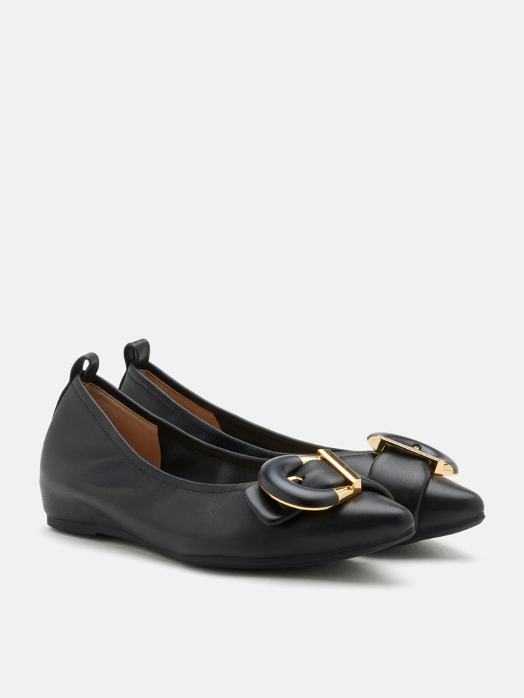 PAZZION, Megan Buckle Pointed Toe Flats, Black