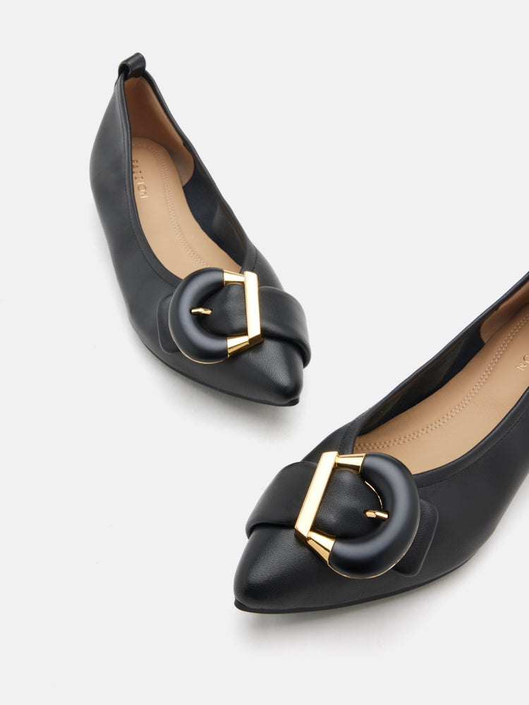 PAZZION, Megan Buckle Pointed Toe Flats, Black