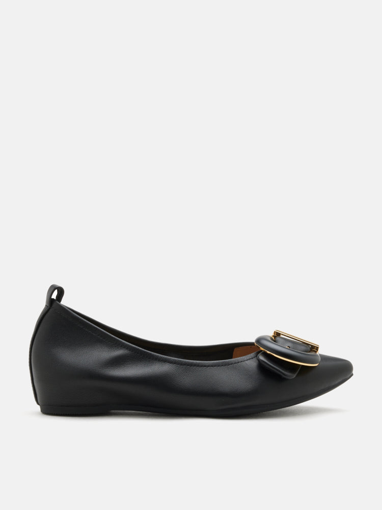 PAZZION, Megan Buckle Pointed Toe Flats, Black