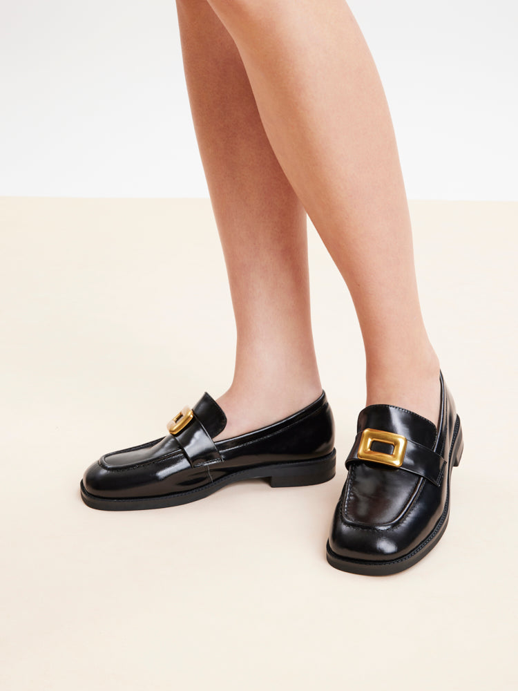 PAZZION, Nadine Gold Buckle Square Toe Loafers, Black