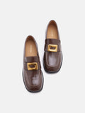 PAZZION, Nadine Gold Buckle Square Toe Loafers, Darkbrown