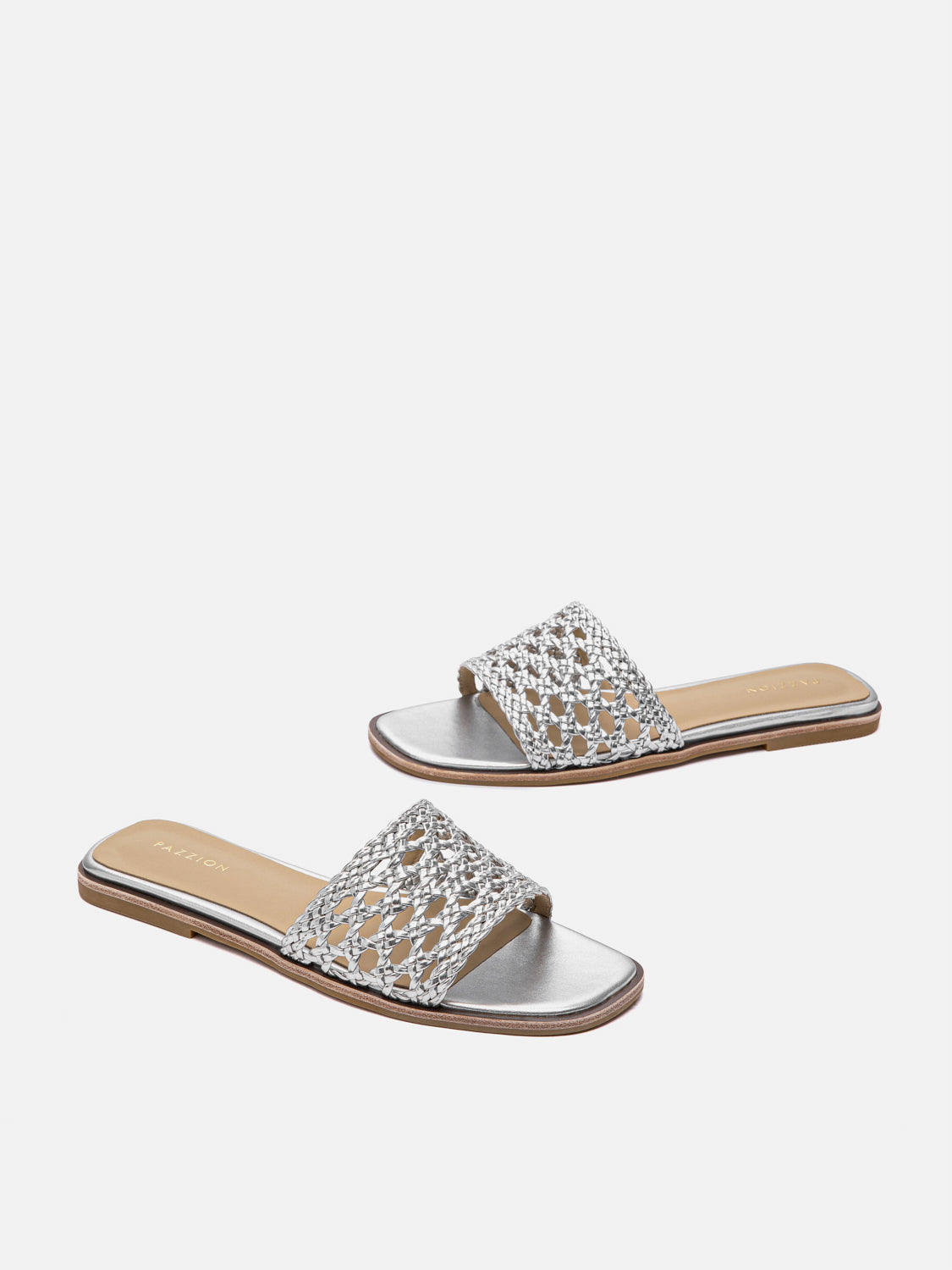 PAZZION, Neralyn Metallic Woven Slides, Silver