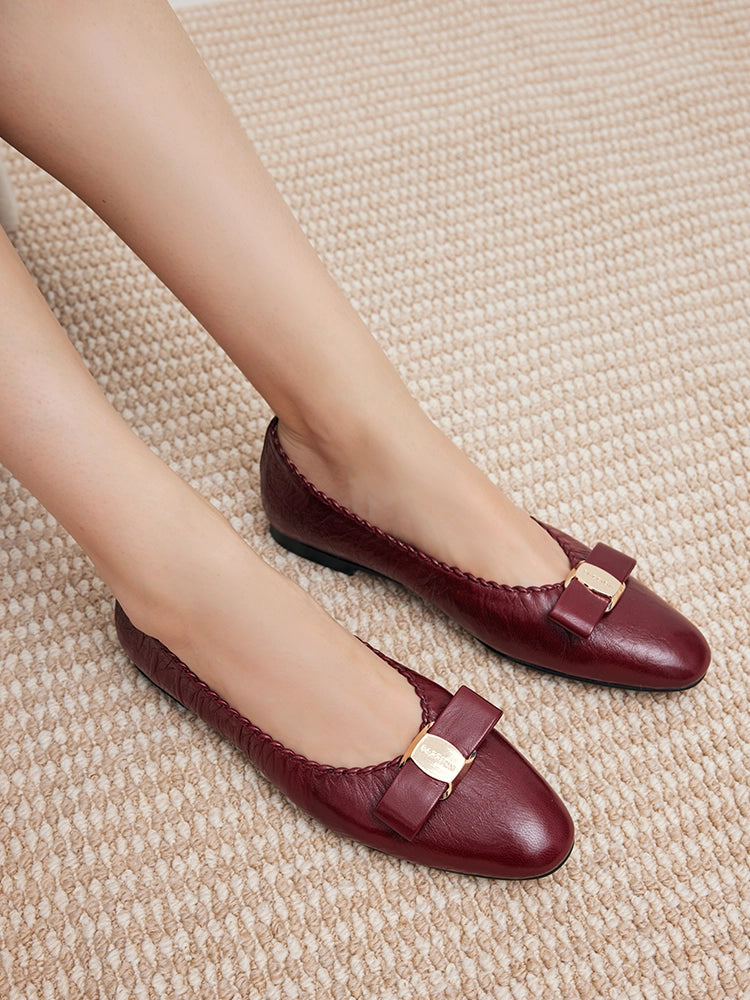 PAZZION, Noelle Bow Leather Flats - Wine