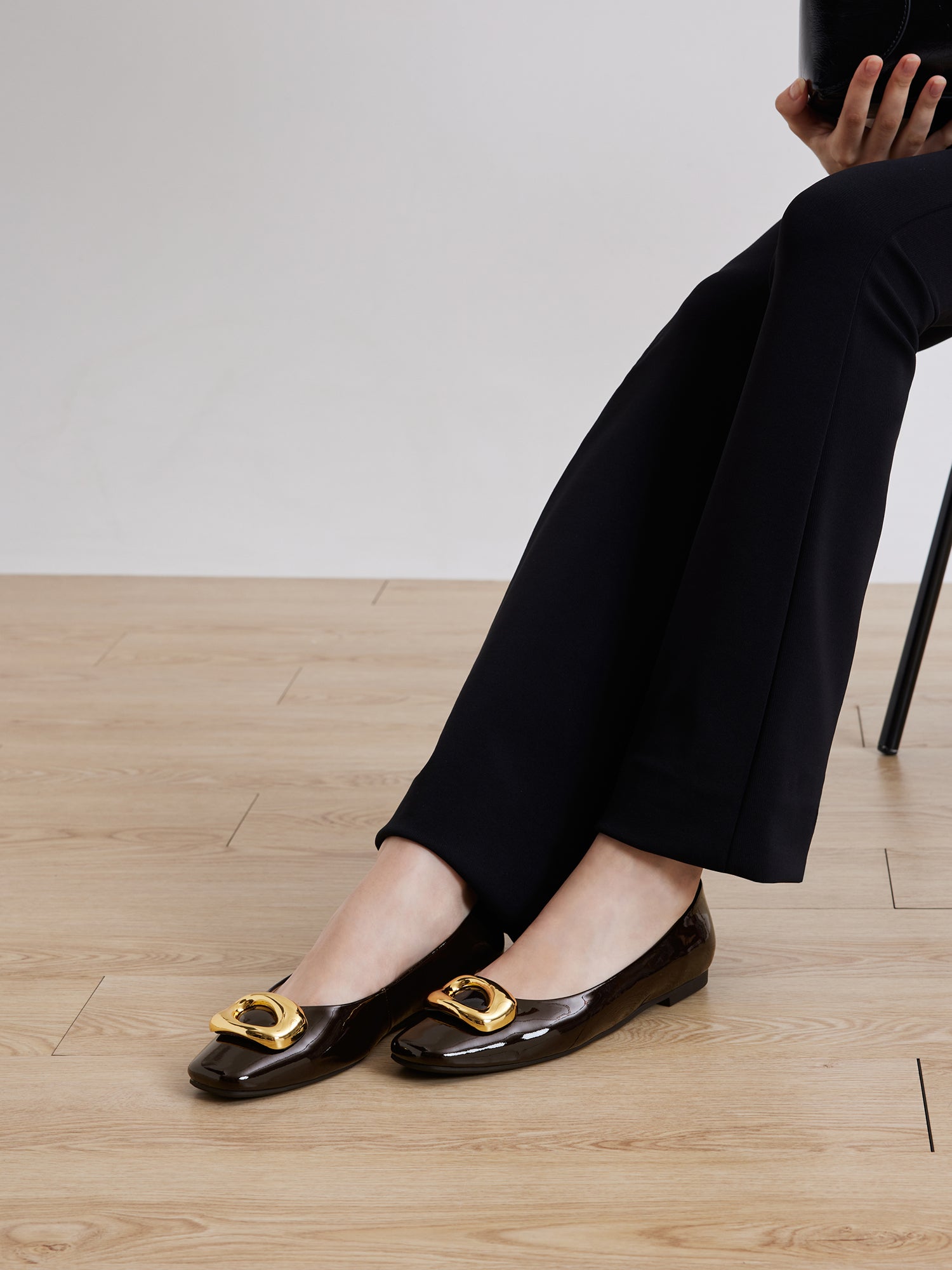 PAZZION, Oriella Gold Buckle Square-Toe Flats, Darkbrown