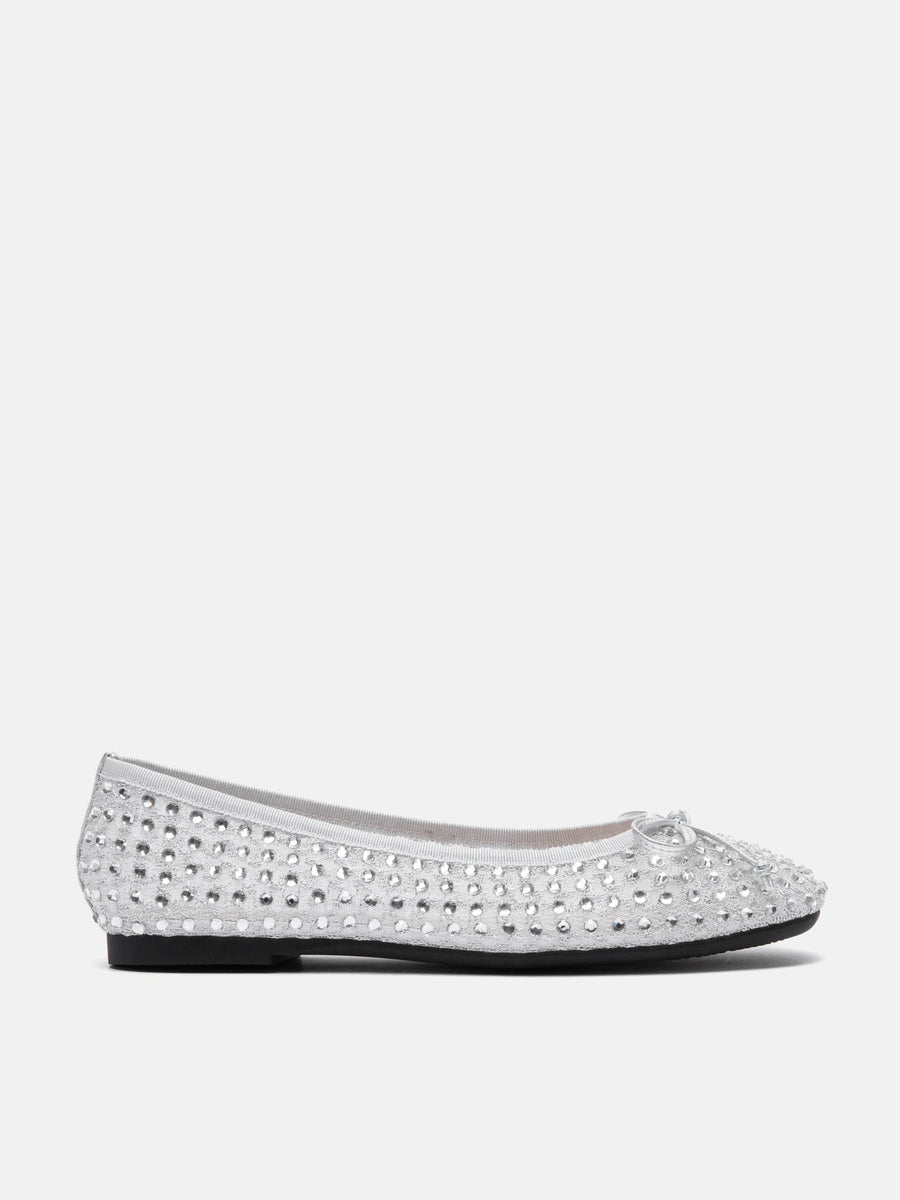 PAZZION, Orlise Crystal Embellished Bow Flats, Silver
