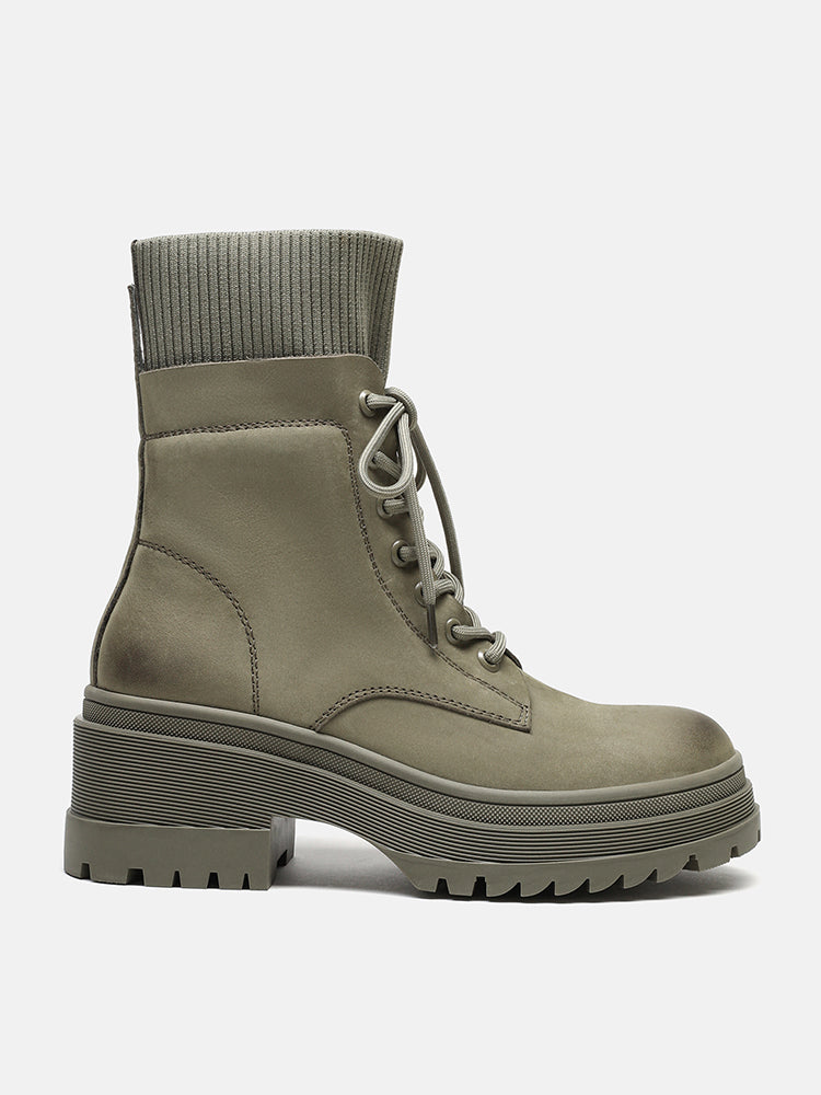 PAZZION, Ottilie Leather and Flyknit Ankle Boots, Darkgreen