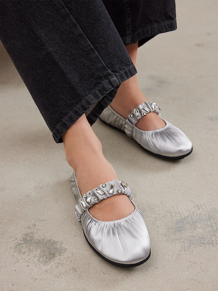 PAZZION, Pavienne Crystal Embellished Silk Mary Janes, Silver