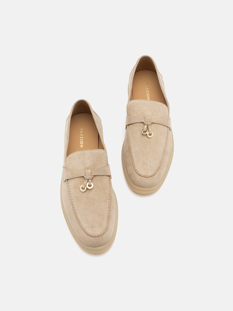 PAZZION, Phoenix Knot Detail Suede Loafers, Almond