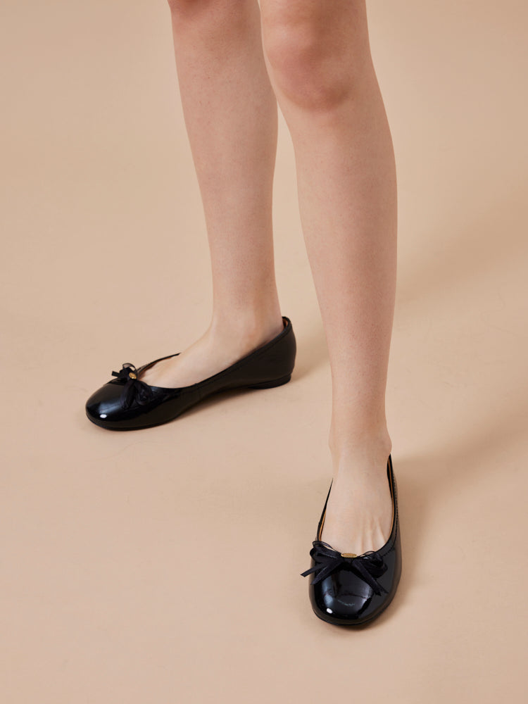 PAZZION, Pia Patent Accented Bow Flats, Black
