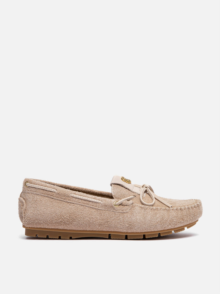 PAZZION, Querissa Bow-Tied Suede Loafers, Almond