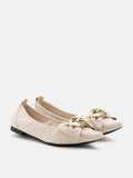 PAZZION, Quirina Gold Buckle Bow Flats, Beige