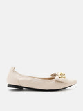 PAZZION, Quirina Gold Buckle Bow Flats, Beige