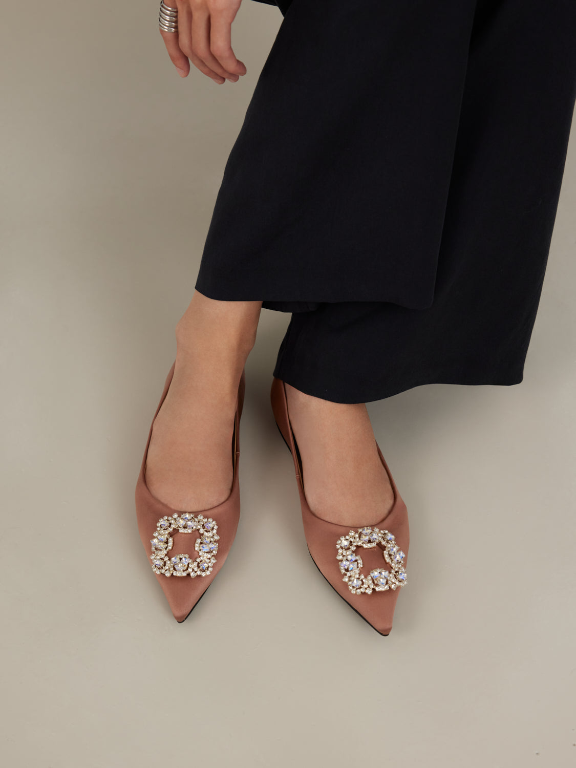 PAZZION, Ramona Diamante Pointed Toe Silk Flats - Champagne, Champagne