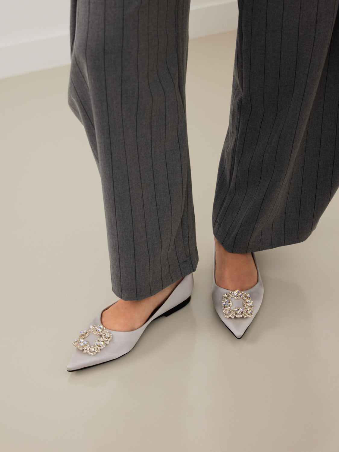 PAZZION, Ramona Diamante Pointed Toe Silk Flats - Silver, Silver