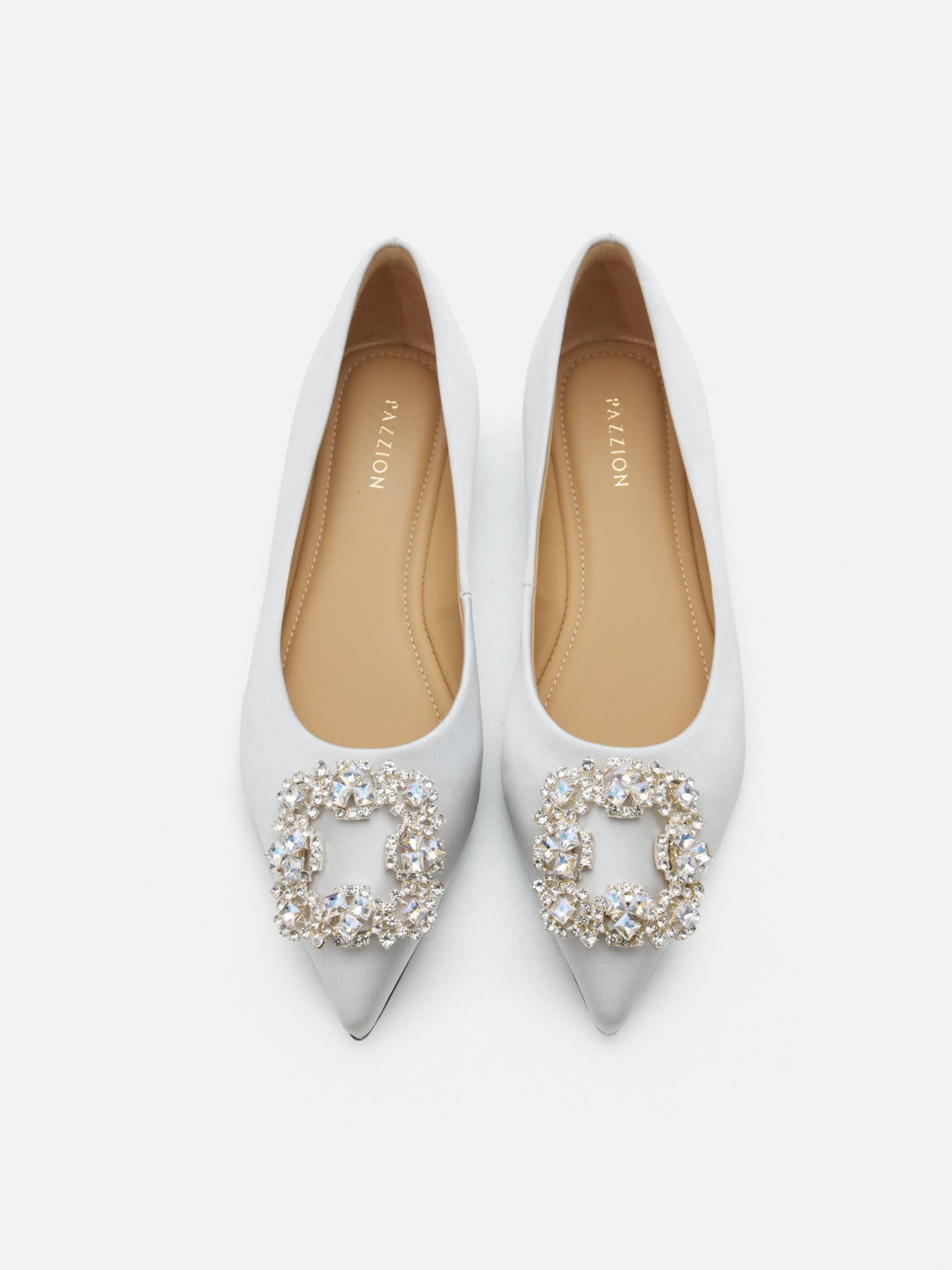 PAZZION, Ramona Diamante Pointed Toe Silk Flats - Silver, Silver