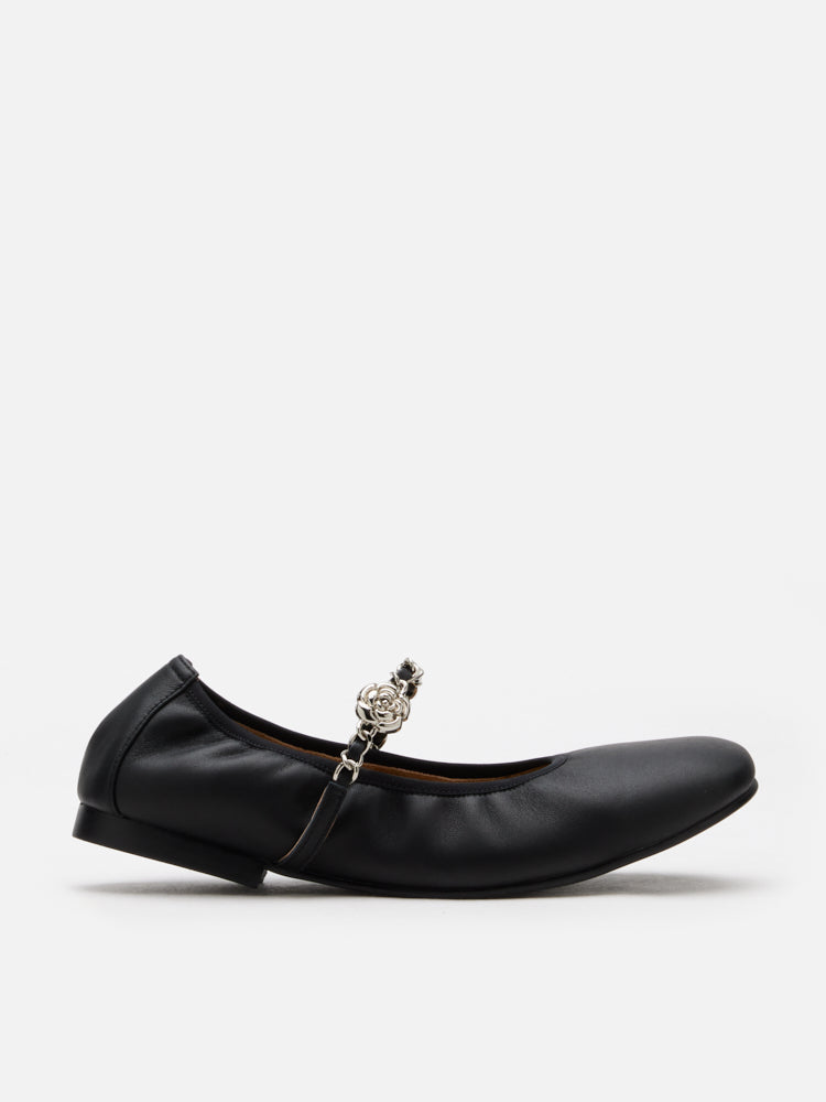 PAZZION, Reiley Floral Accented Chain-Strap Mary Janes, Black