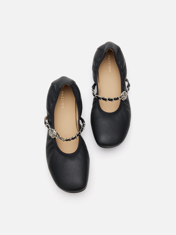 PAZZION, Reiley Floral Accented Chain-Strap Mary Janes, Black