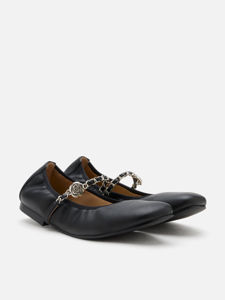 PAZZION, Reiley Floral Accented Chain-Strap Mary Janes, Black