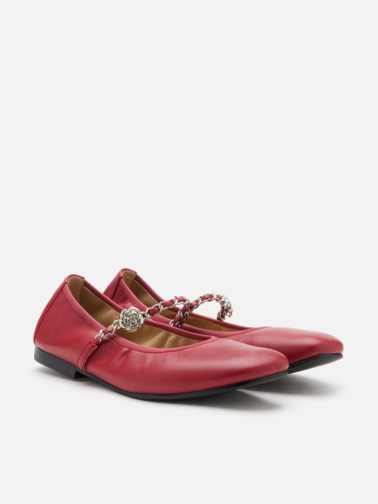 PAZZION, Reiley Floral Accented Chain-Strap Mary Janes, Red