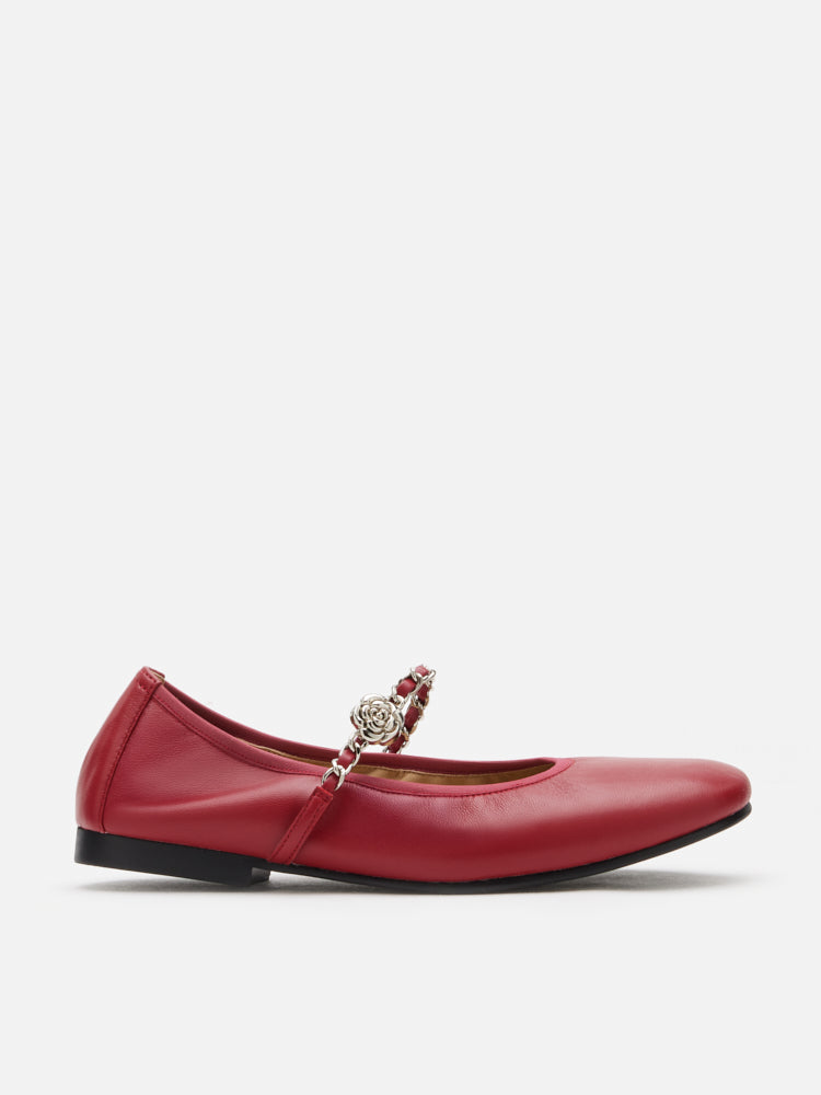 PAZZION, Reiley Floral Accented Chain-Strap Mary Janes, Red