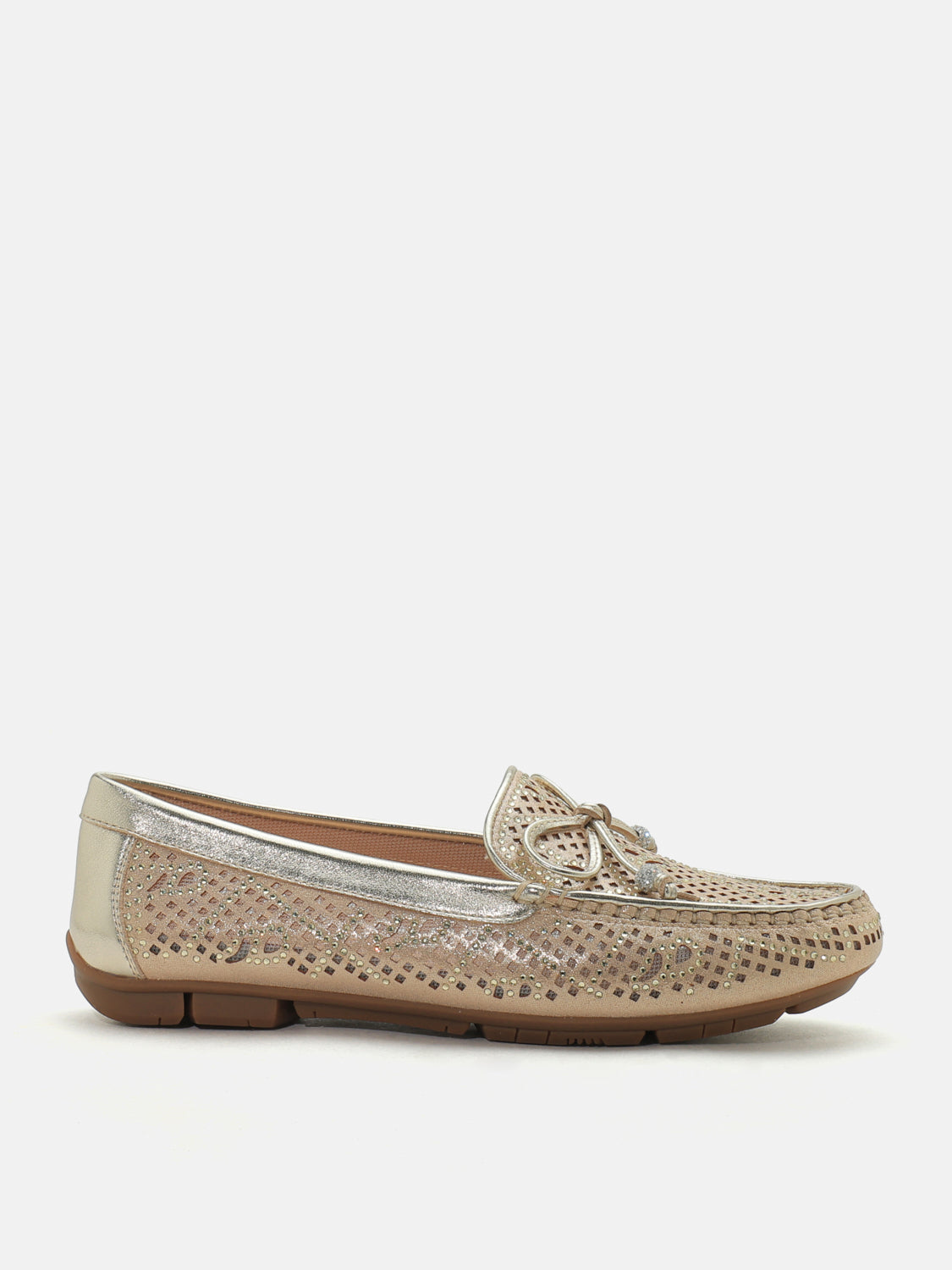 PAZZION, Rita Perforated Crystal Embellished  Bow Moccasins - Gold