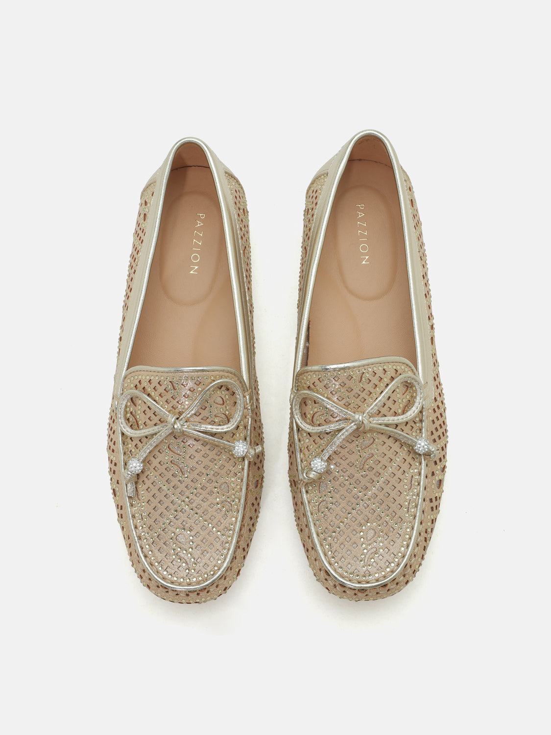 PAZZION, Rita Perforated Crystal Embellished  Bow Moccasins - Gold, Gold