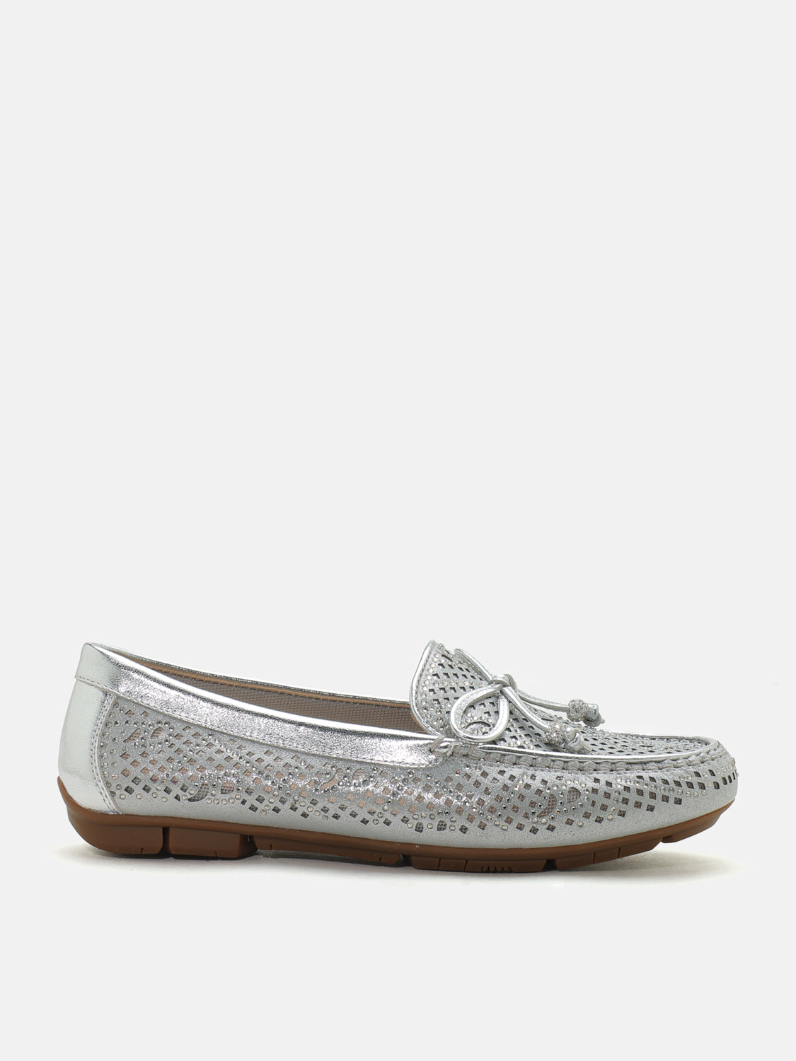 PAZZION, Rita Perforated Crystal Embellished  Bow Moccasins - Silver, Silver
