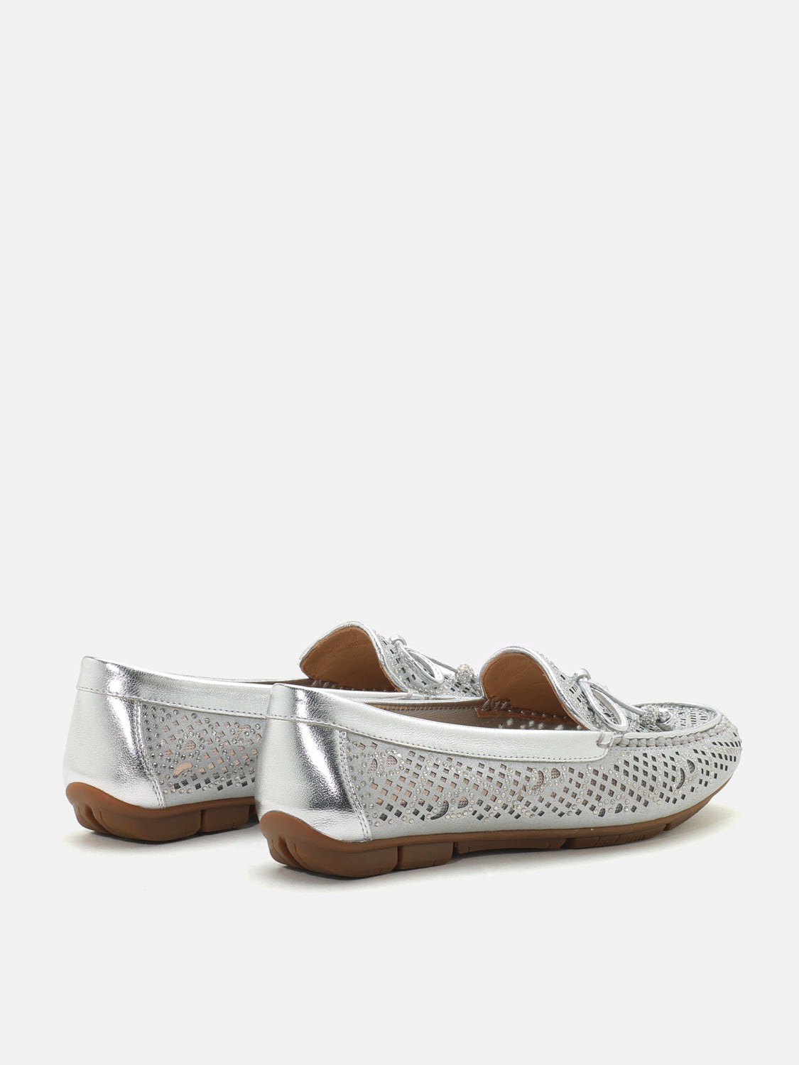 PAZZION, Rita Perforated Crystal Embellished  Bow Moccasins - Silver, Silver