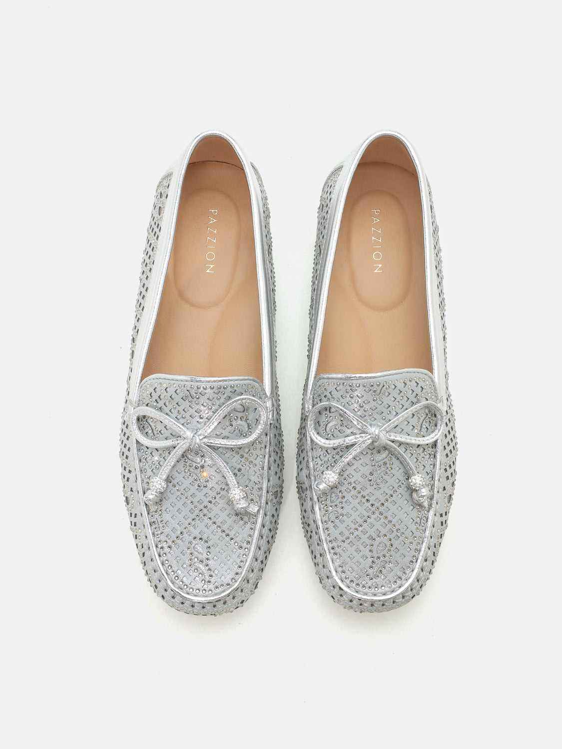 PAZZION, Rita Perforated Crystal Embellished  Bow Moccasins - Silver, Silver