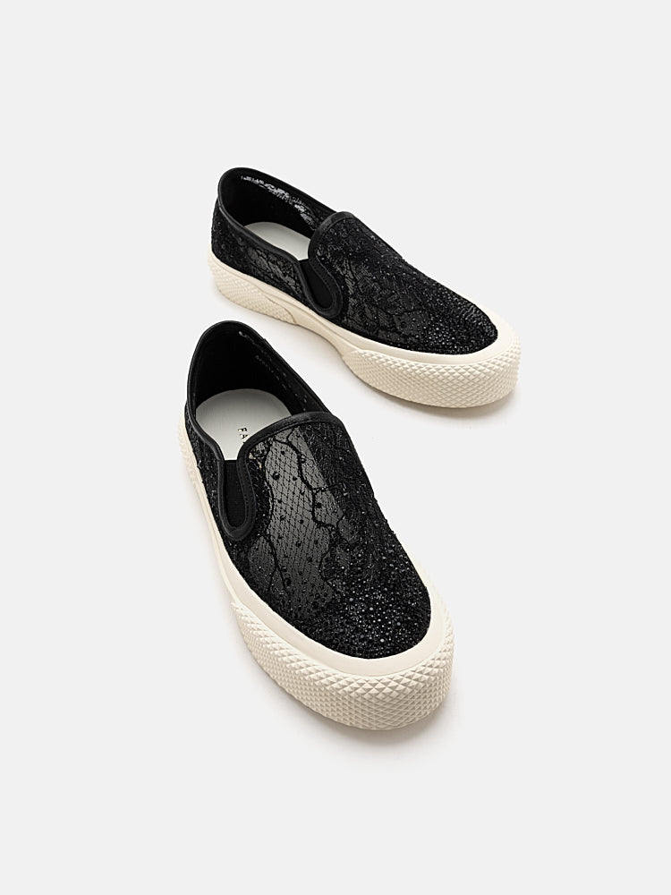 PAZZION, Rora Floral Embroidered Lace Slip-On Sneakers, Black