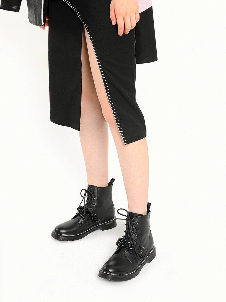 PAZZION, Rowena Chained Lace Up Ankle Boots, Black