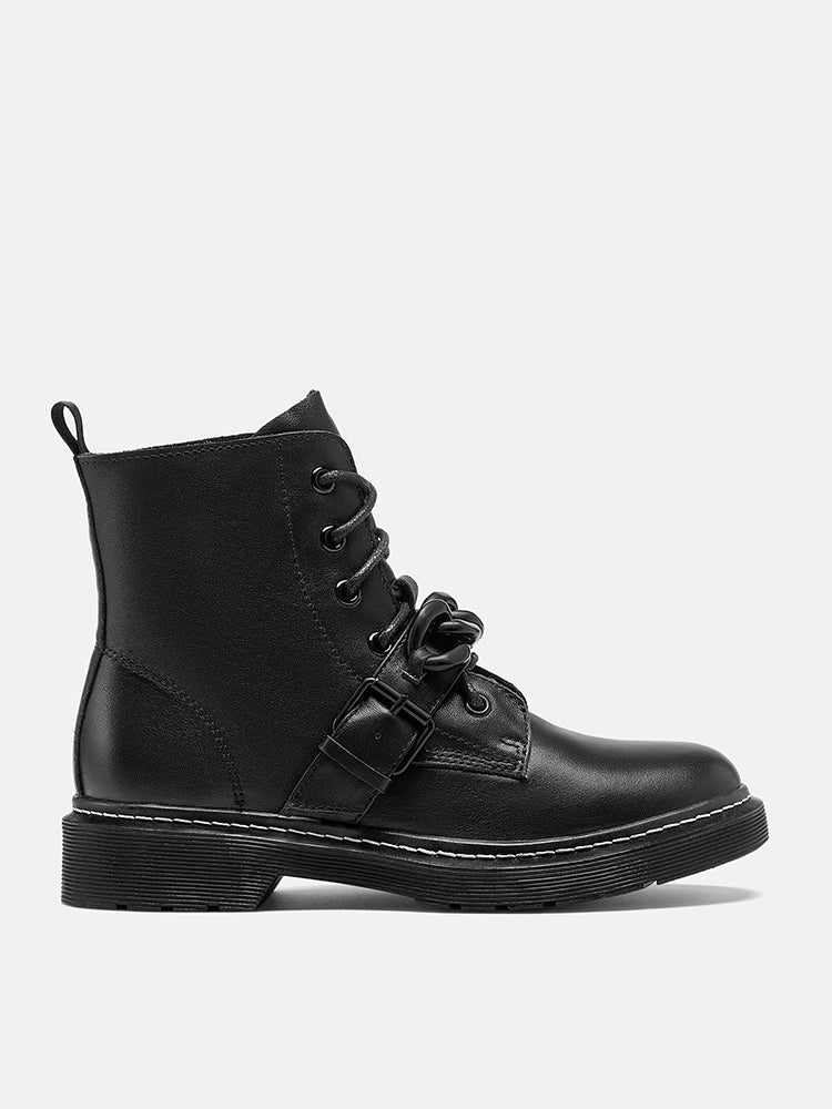 PAZZION, Rowena Chained Lace Up Ankle Boots, Black