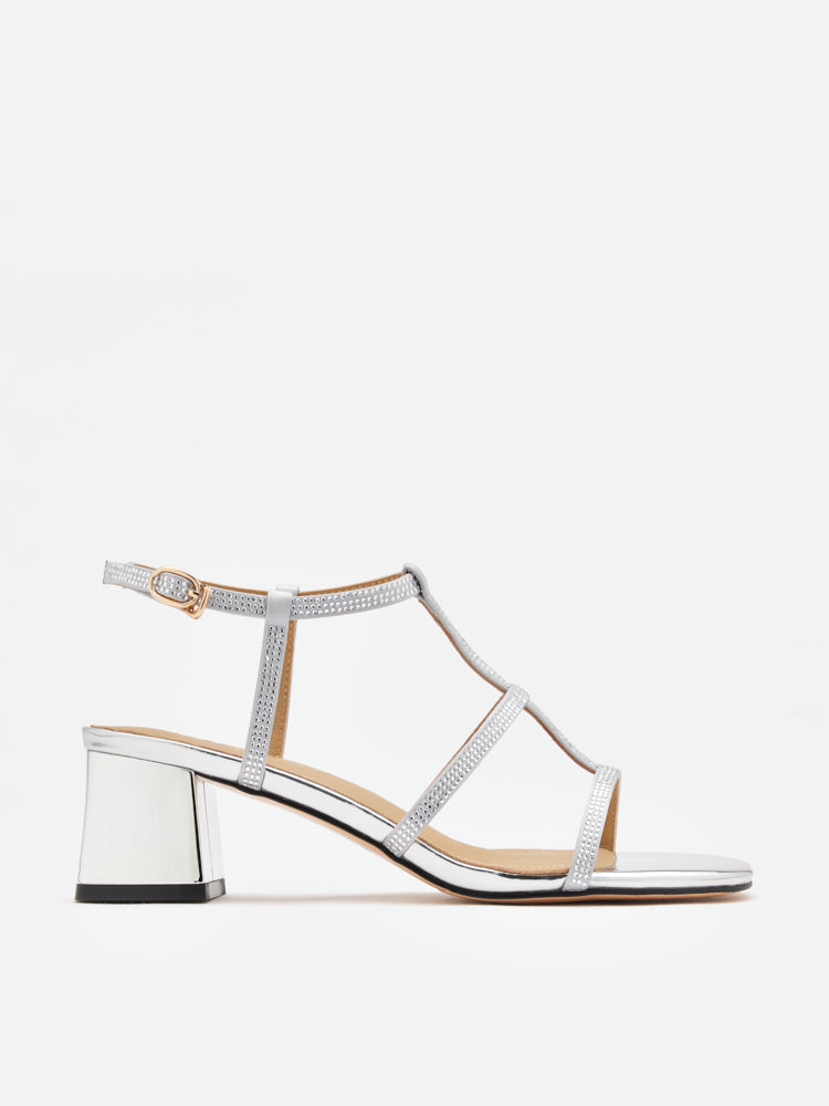 PAZZION, Rumi Crystal Embellished Strappy Sandal Heels, Silver
