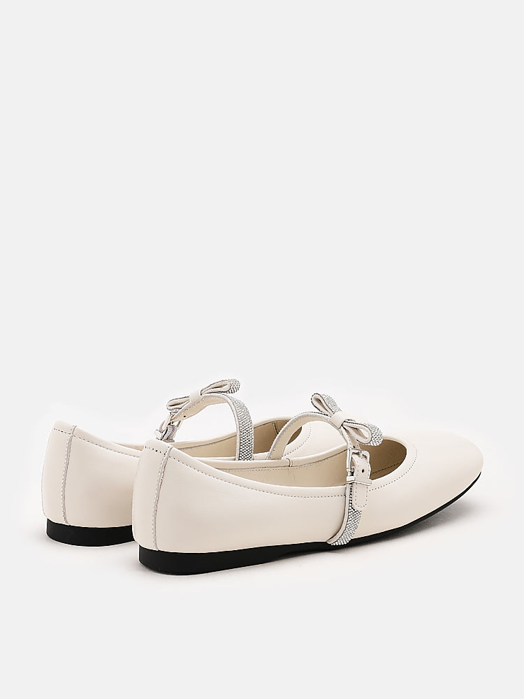 PAZZION, Sandy Bow Embellished Leather Ballet Flats, Beige