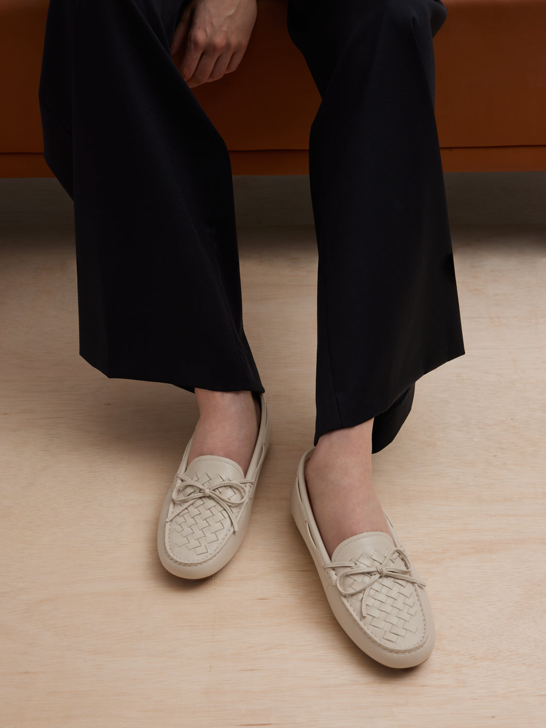 PAZZION, Savannah Woven Bow Leather Moccasins, Beige