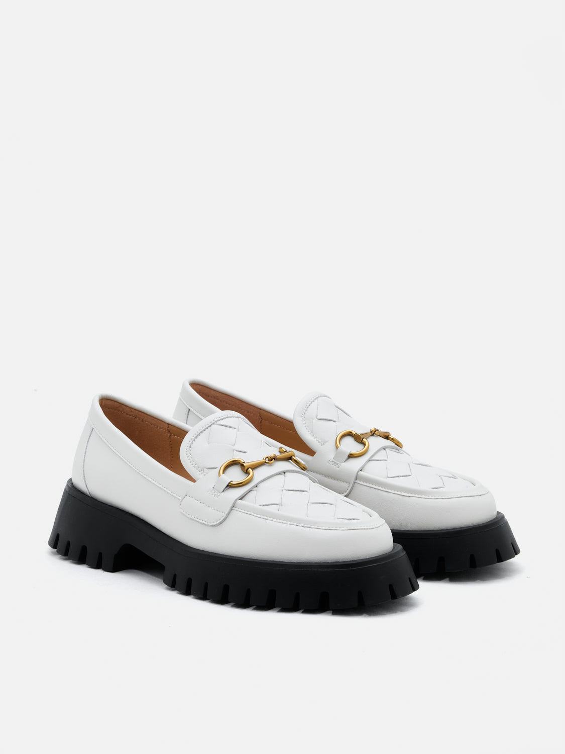 PAZZION, Serivelle Woven Buckle Leather Platform Loafers, Beige