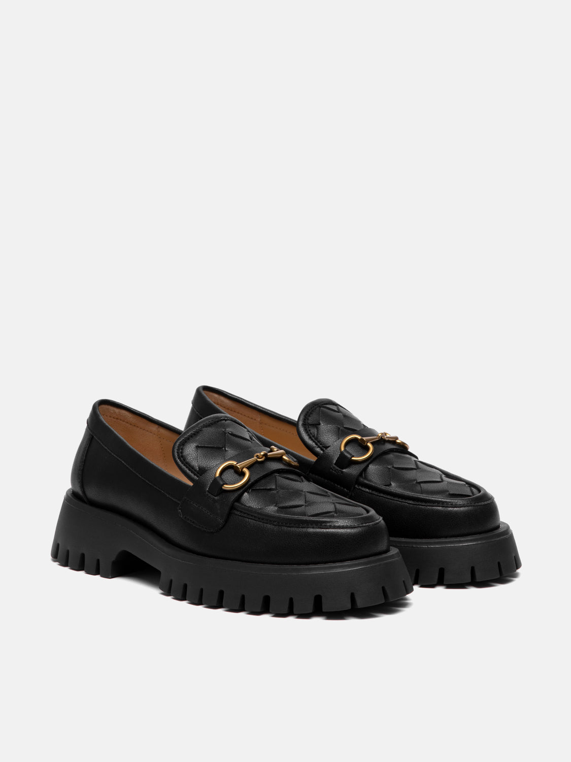 PAZZION, Serivelle Woven Buckle Leather Platform Loafers, Black