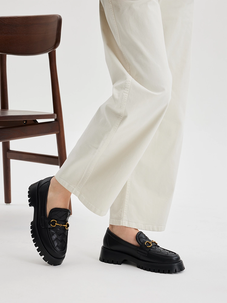 PAZZION, Serivelle Woven Buckle Leather Platform Loafers, Black