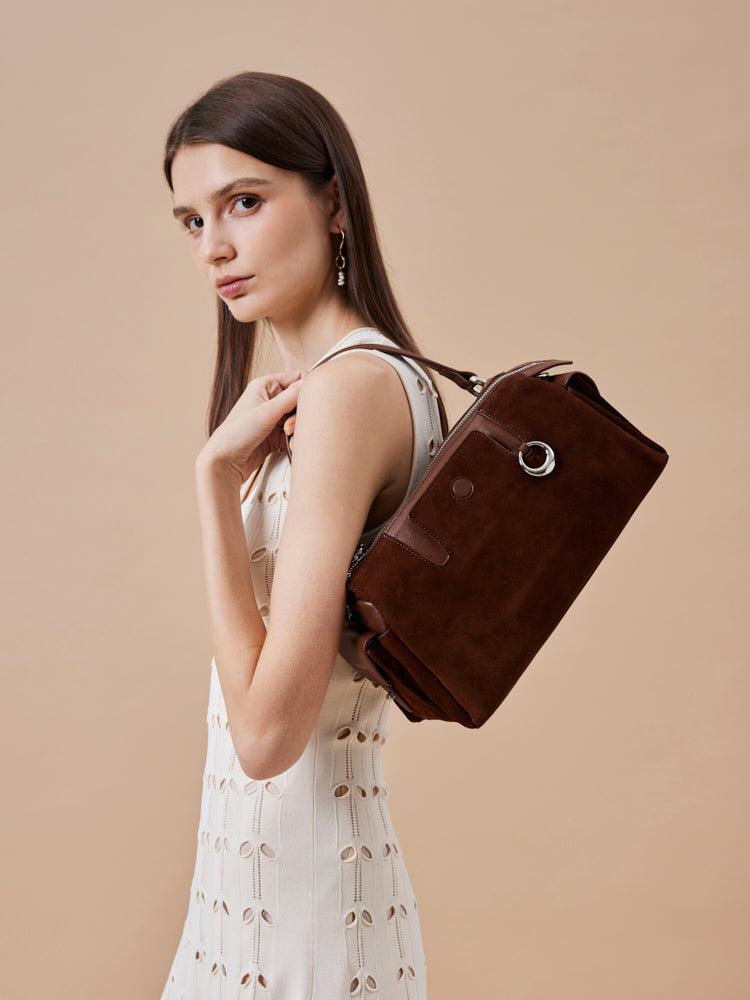 PAZZION, Sevila Suede Leather Satchel, Brown