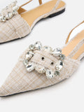 PAZZION, Sofie Tweed Diamante Buckle Slingback Flats, Almond