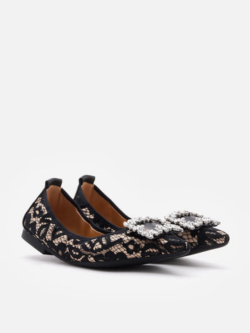 Stella Lace Diamante Buckle Foldable Flats