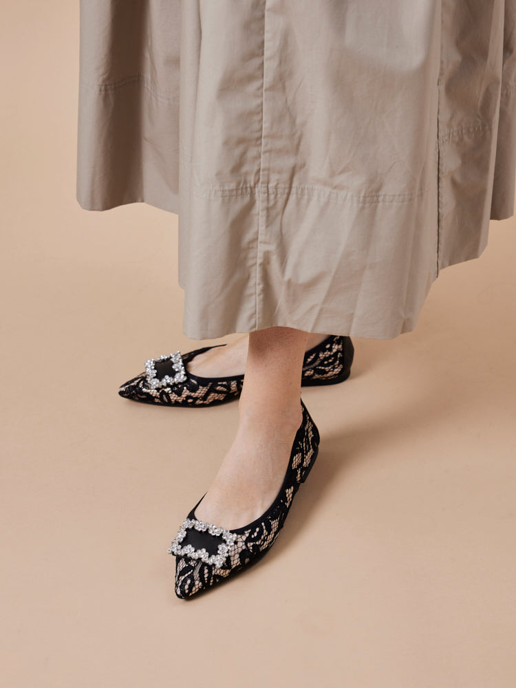 PAZZION, Stella Lace Diamante Buckle Foldable Flats, Almond