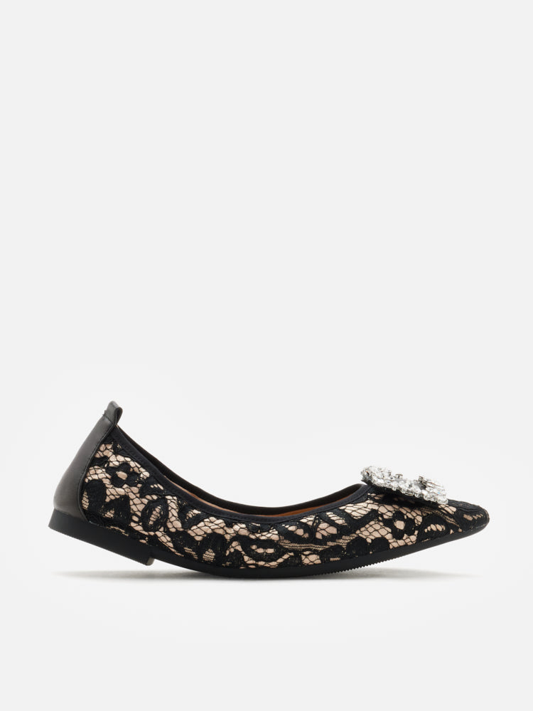 PAZZION, Stella Lace Diamante Buckle Foldable Flats, Almond