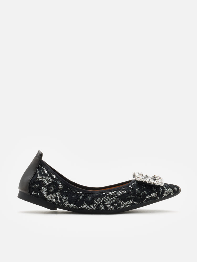 PAZZION, Stella Lace Diamante Buckle Foldable Flats, Pewter