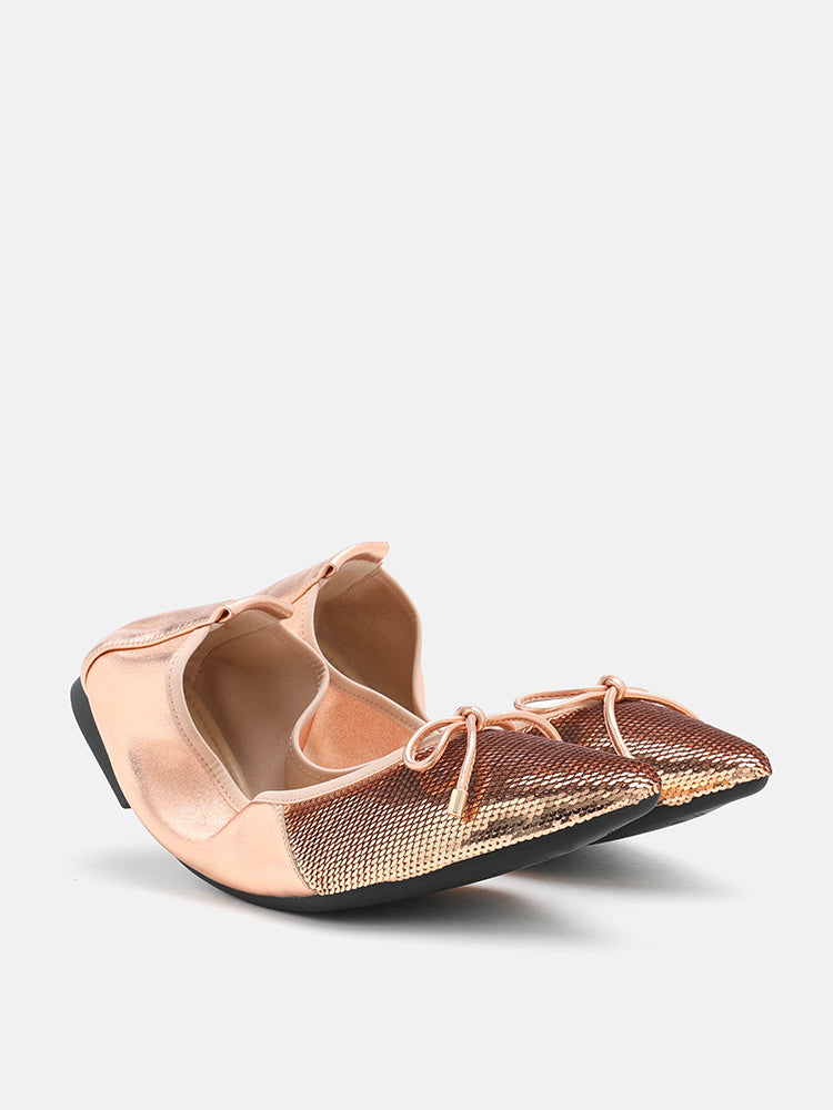Stella Sequin Decor Foldable Point Toe Bow Flats PAZZION