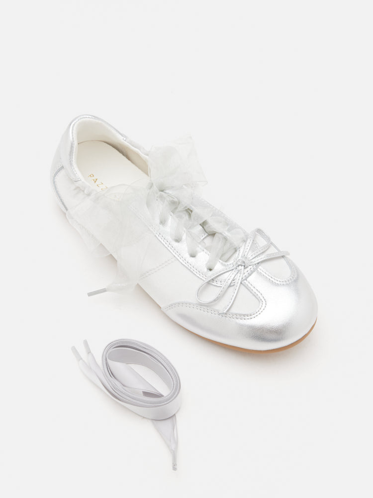 PAZZION, Sylvie Ballerina Satin Bow Sneakers, Silver