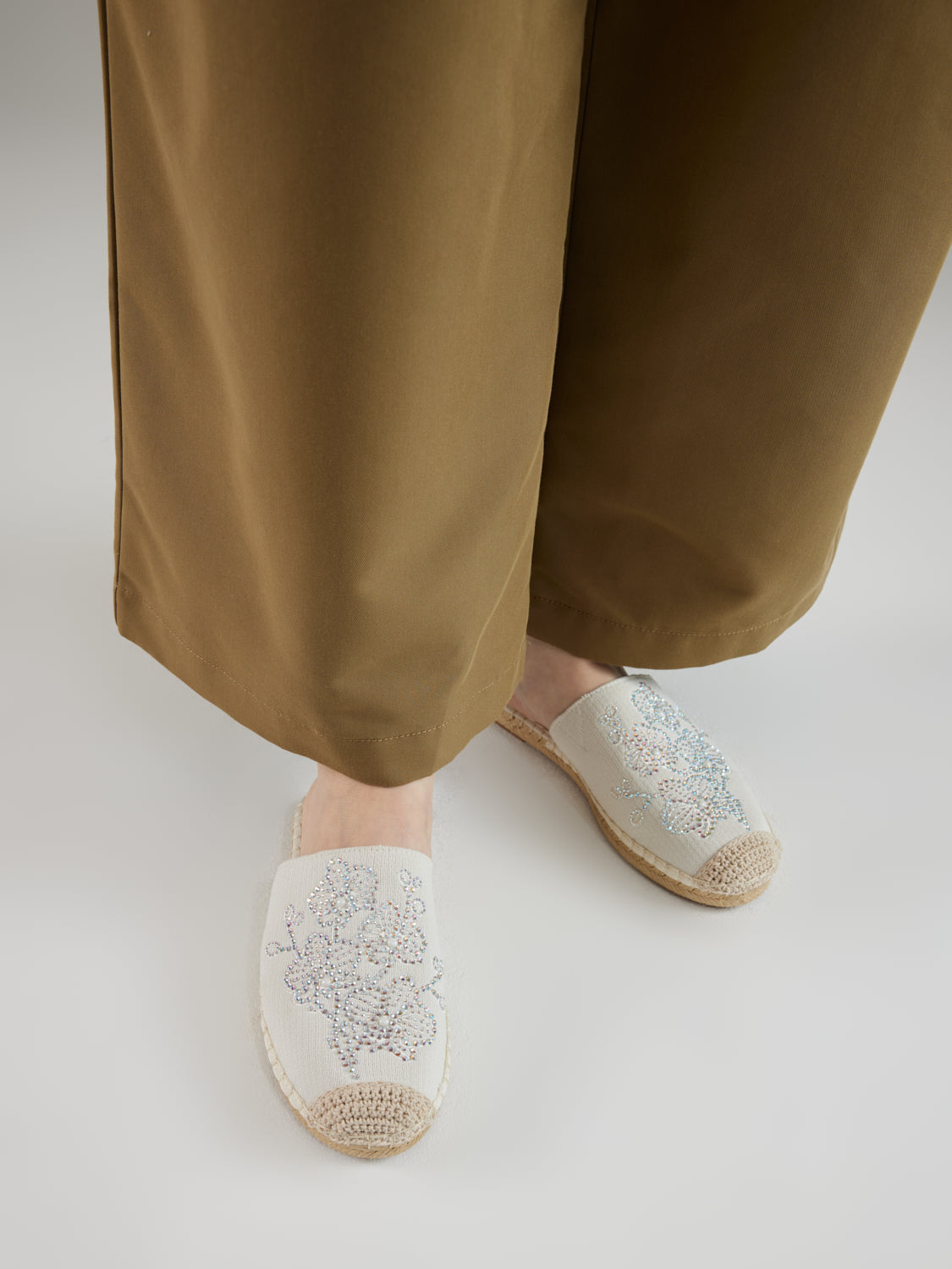 PAZZION, Thailyvn Crystal Embellished Flyknit Mules, Beige