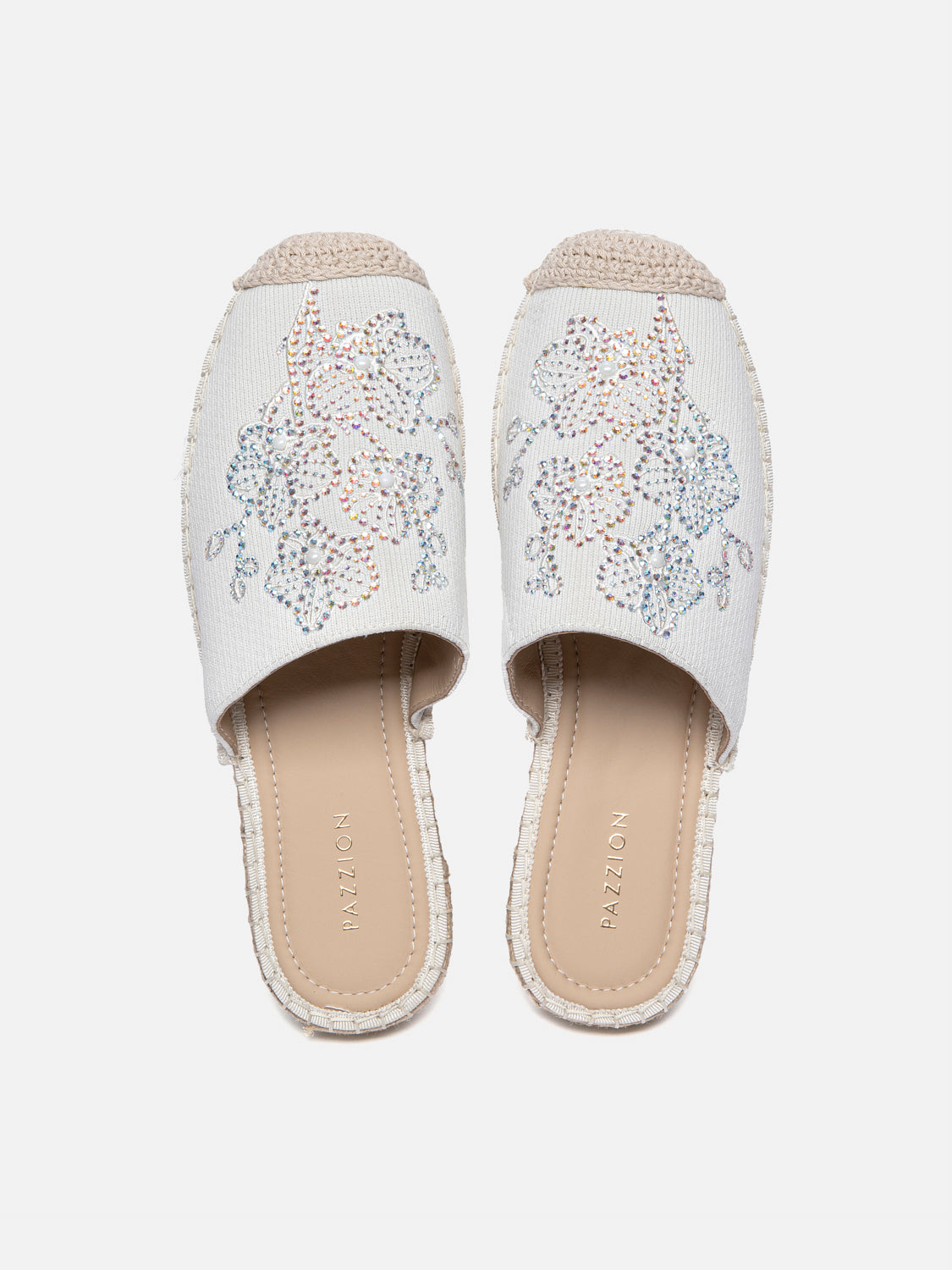 PAZZION, Thailyvn Crystal Embellished Flyknit Mules, Beige